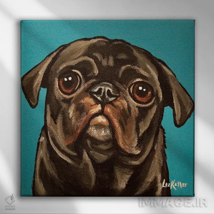 تابلو پاگ سیاه روی زمینه آبی-سبز اثر هیپی هاوند استودیوز (استودیو هنری) - نمای روبهرو روی دیوار