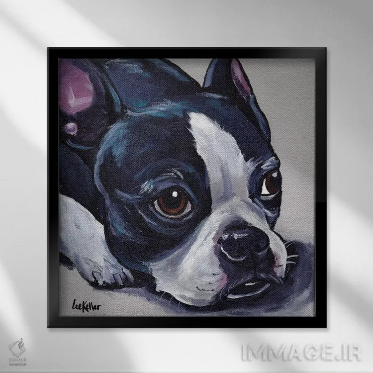 تابلو بوستون تریر روی زمینه بژ اثر هیپی هاوند استودیوز (استودیو هنری) - نمای قابدار مشکی