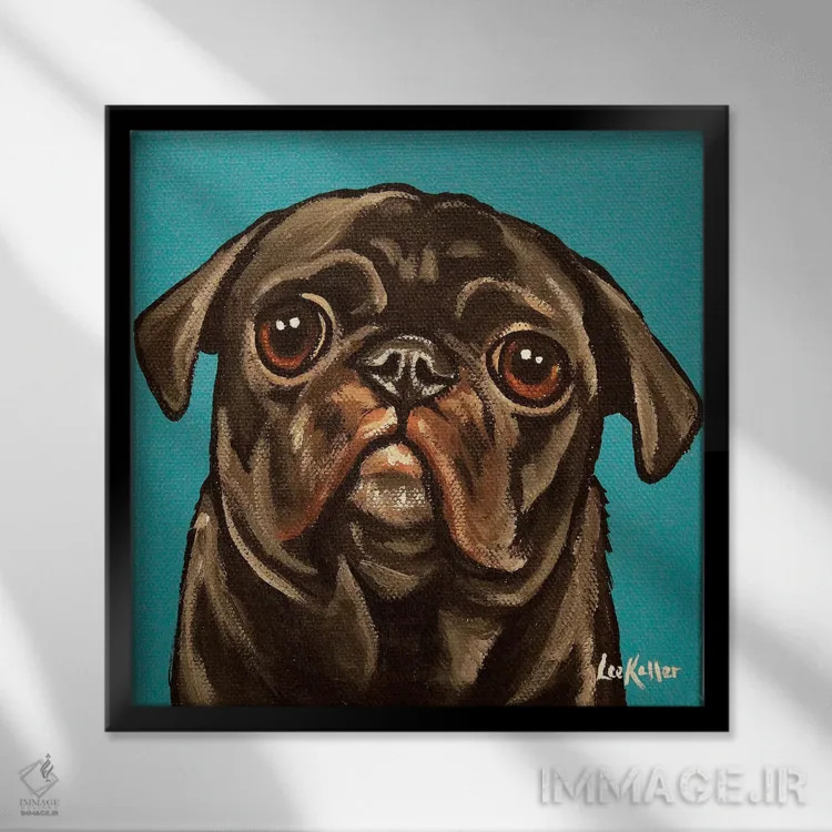 تابلو پاگ سیاه روی زمینه آبی-سبز اثر هیپی هاوند استودیوز (استودیو هنری) - نمای قابدار مشکی