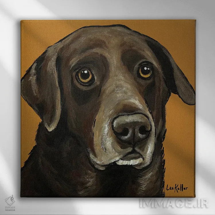 تابلو لابرادور قهوهای روی زمینه طلایی اثر هیپی هاوند استودیوز (استودیو هنری) - نمای روبهرو روی دیوار