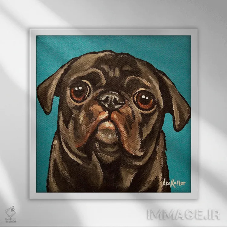 تابلو پاگ سیاه روی زمینه آبی-سبز اثر هیپی هاوند استودیوز (استودیو هنری) - نمای قابدار سفید