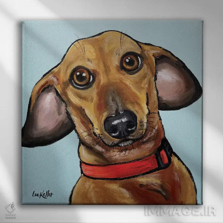 تابلو داشهوند روی زمینه فیروزهای اثر هیپی هاوند استودیوز (استودیو هنری) - نمای روبهرو روی دیوار