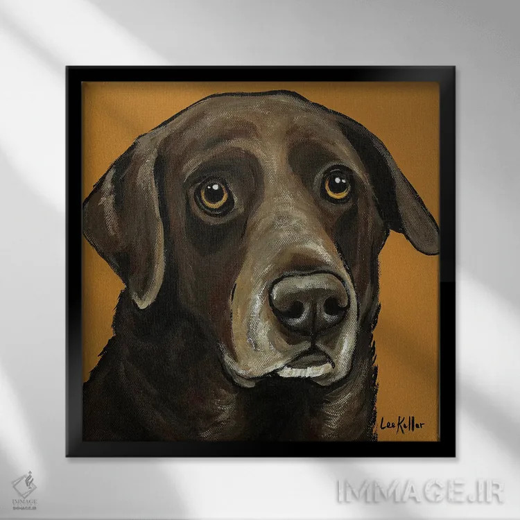 تابلو لابرادور قهوهای روی زمینه طلایی اثر هیپی هاوند استودیوز (استودیو هنری) - نمای قابدار مشکی