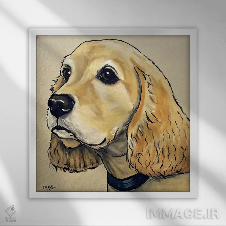 تابلو کوکر اسپانیل روی زمینه بژ اثر هیپی هاوند استودیوز (استودیو هنری) - نمای قابدار سفید