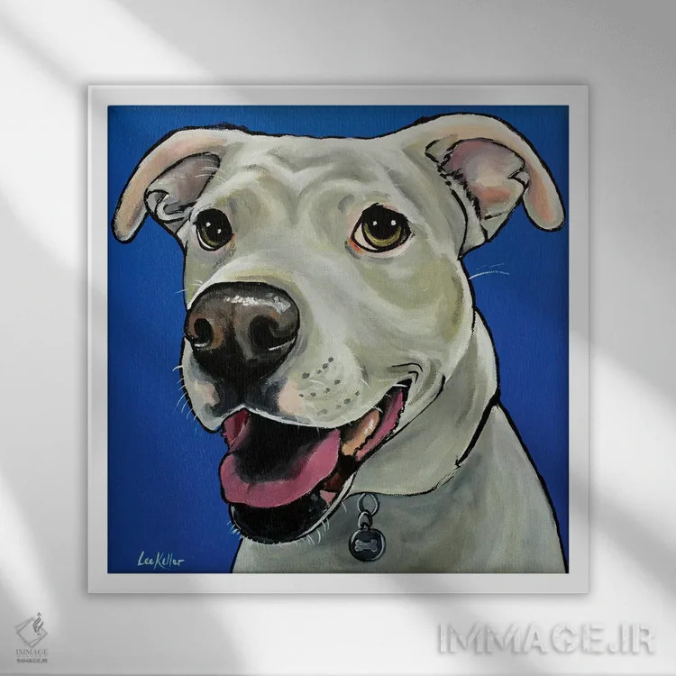 تابلو پیت بول روی زمینه آبی سلطنتی اثر هیپی هاوند استودیوز (استودیو هنری) - نمای قابدار سفید