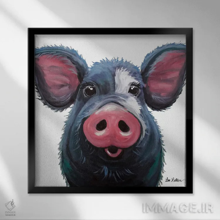 تابلو لولو خوک روی زمینه سفید اثر هیپی هاوند استودیوز (استودیو هنری) - نمای قابدار مشکی