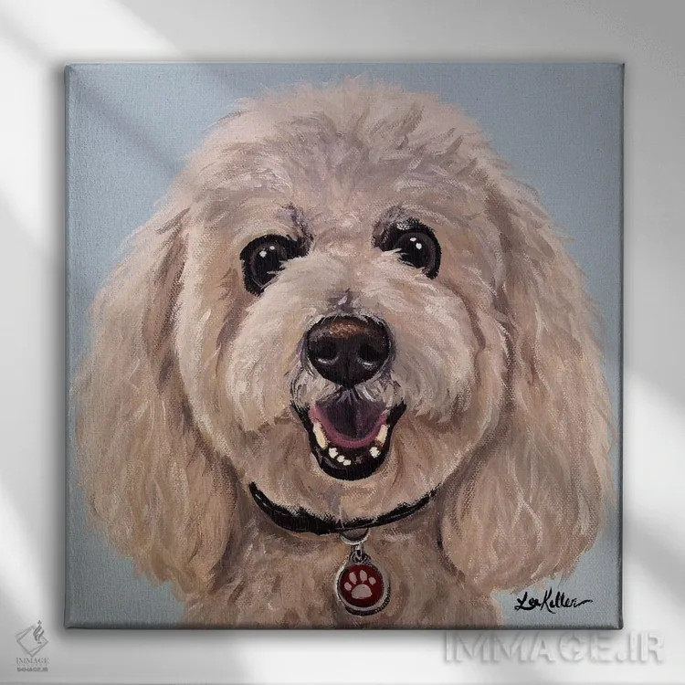 تابلو پودل روی زمینه آبی روشن اثر هیپی هاوند استودیوز (استودیو هنری) - نمای روبهرو روی دیوار