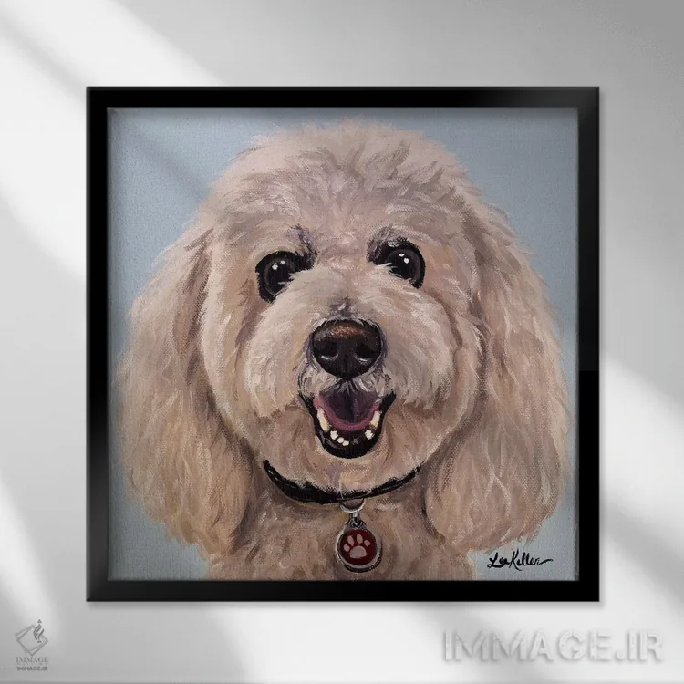 تابلو پودل روی زمینه آبی روشن اثر هیپی هاوند استودیوز (استودیو هنری) - نمای قابدار مشکی