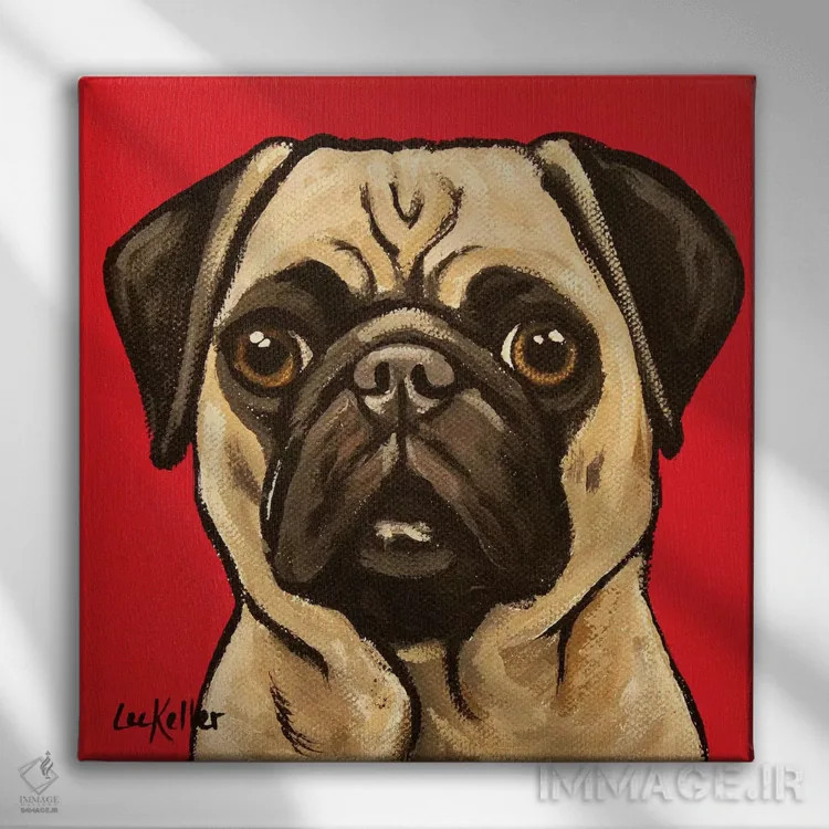 تابلو پاگ روی زمینه قرمز اثر هیپی هاوند استودیوز (استودیو هنری) - نمای روبهرو روی دیوار