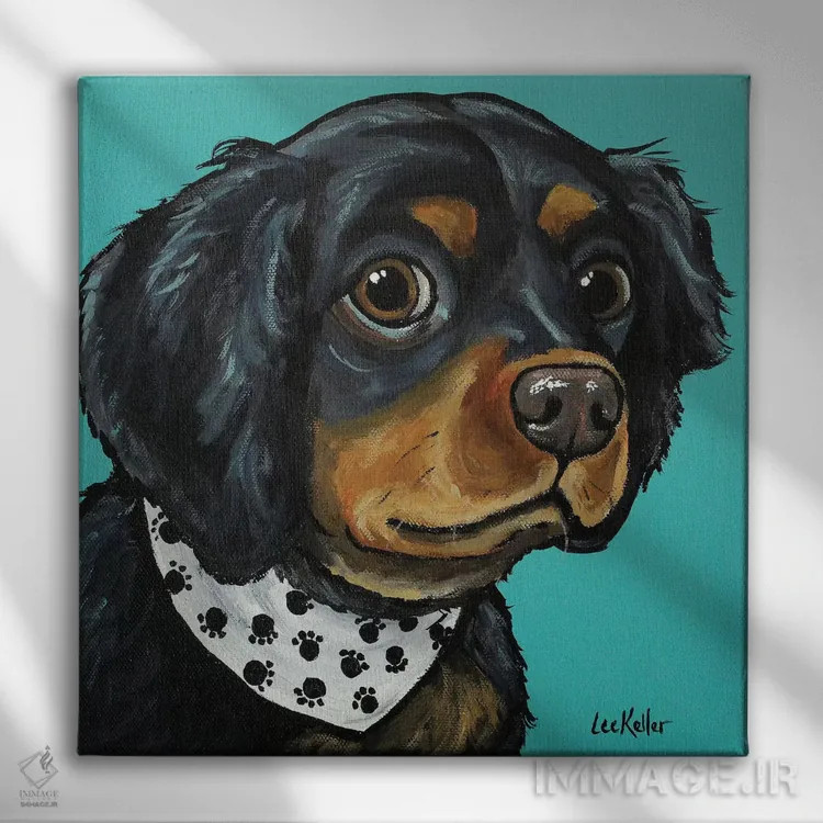 تابلو اسپانیل با دستمال گردن اثر هیپی هاوند استودیوز (استودیو هنری) - نمای روبهرو روی دیوار