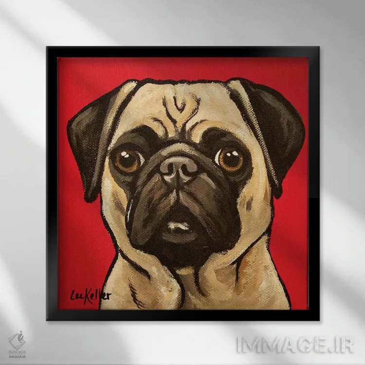 تابلو پاگ روی زمینه قرمز اثر هیپی هاوند استودیوز (استودیو هنری) - نمای قابدار مشکی