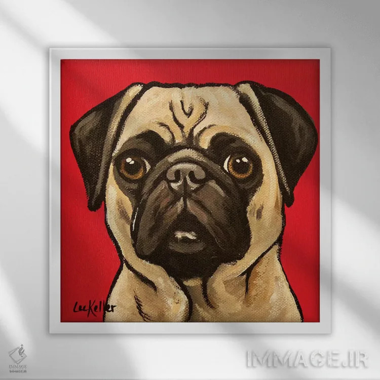 تابلو پاگ روی زمینه قرمز اثر هیپی هاوند استودیوز (استودیو هنری) - نمای قابدار سفید