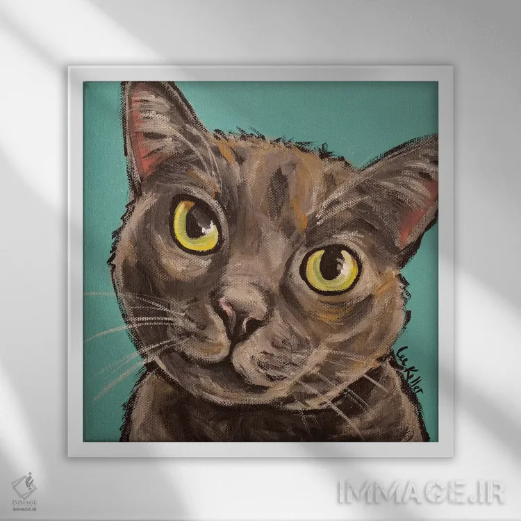 تابلو مانچ گربه خاکستری اثر هیپی هاوند استودیوز (استودیو هنری) - نمای قابدار سفید