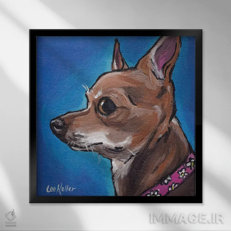 تابلو چیواوا روی زمینه آبی اثر هیپی هاوند استودیوز (استودیو هنری) - نمای قابدار مشکی