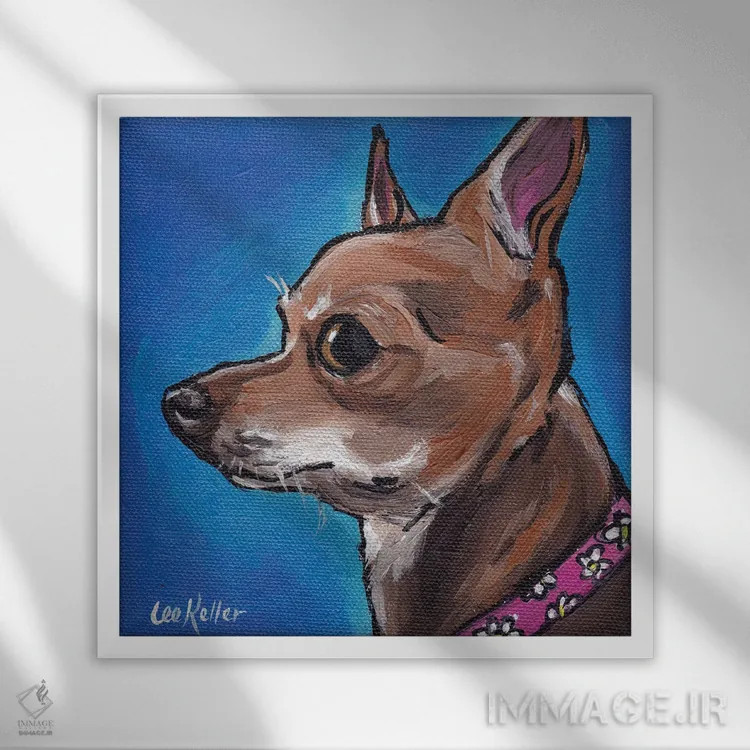 تابلو چیواوا روی زمینه آبی اثر هیپی هاوند استودیوز (استودیو هنری) - نمای قابدار سفید