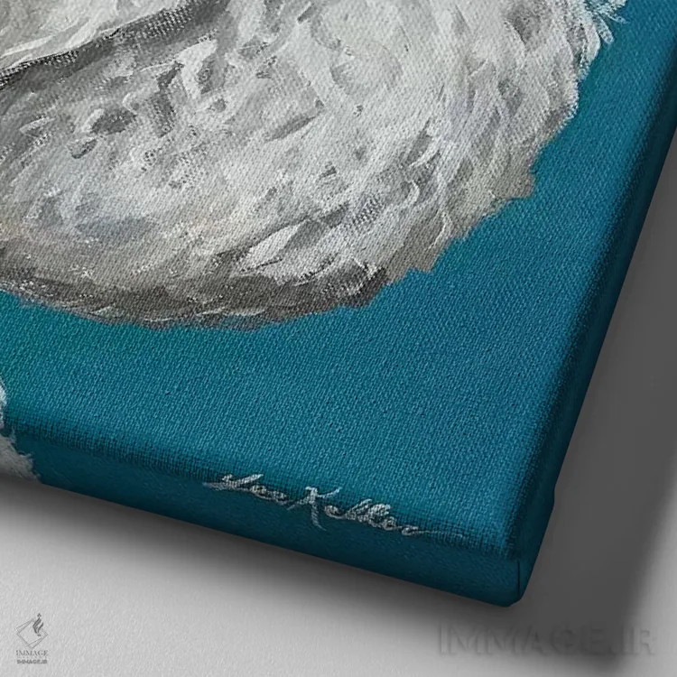 تابلو گلدندودل روی زمینه سبزآبی اثر هیپی هاوند استودیوز (استودیو هنری) - نمای نزدیک بافت بوم