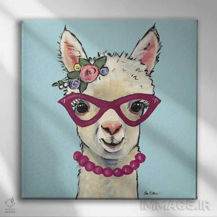 تابلو آلپاکا با عینک صورتی، نقاشی آلپاکا بامزه "سوفیا" اثر هیپی هاوند استودیوز (استودیو هنری) - نمای روبهرو روی دیوار