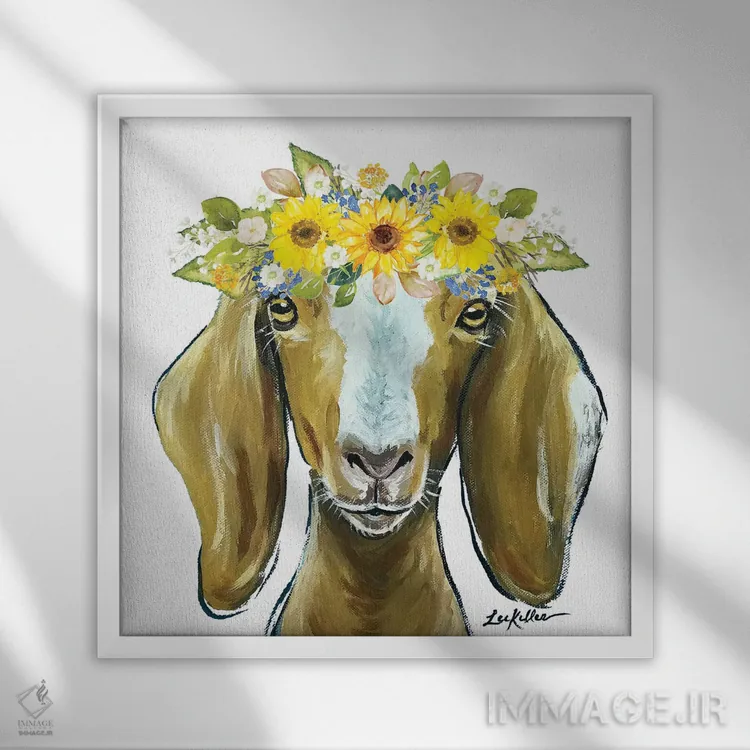 تابلو ماج بز با تاج گل آفتابگردان اثر هیپی هاوند استودیوز (استودیو هنری) - نمای قابدار سفید