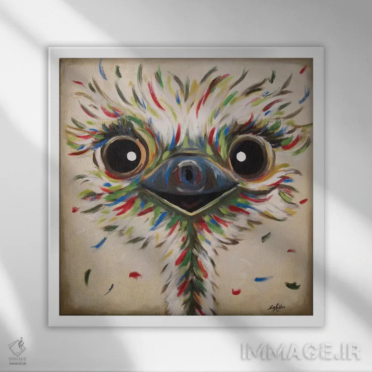 تابلو فیلیس شترمرغ روی بژ اثر هیپی هاوند استودیوز (استودیو هنری) - نمای قابدار سفید