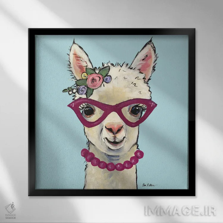 تابلو آلپاکا با عینک صورتی، نقاشی آلپاکا بامزه "سوفیا" اثر هیپی هاوند استودیوز (استودیو هنری) - نمای قابدار مشکی