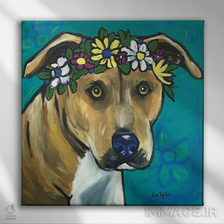 تابلو پیت بول با گلها اثر هیپی هاوند استودیوز (استودیو هنری) - نمای روبهرو روی دیوار