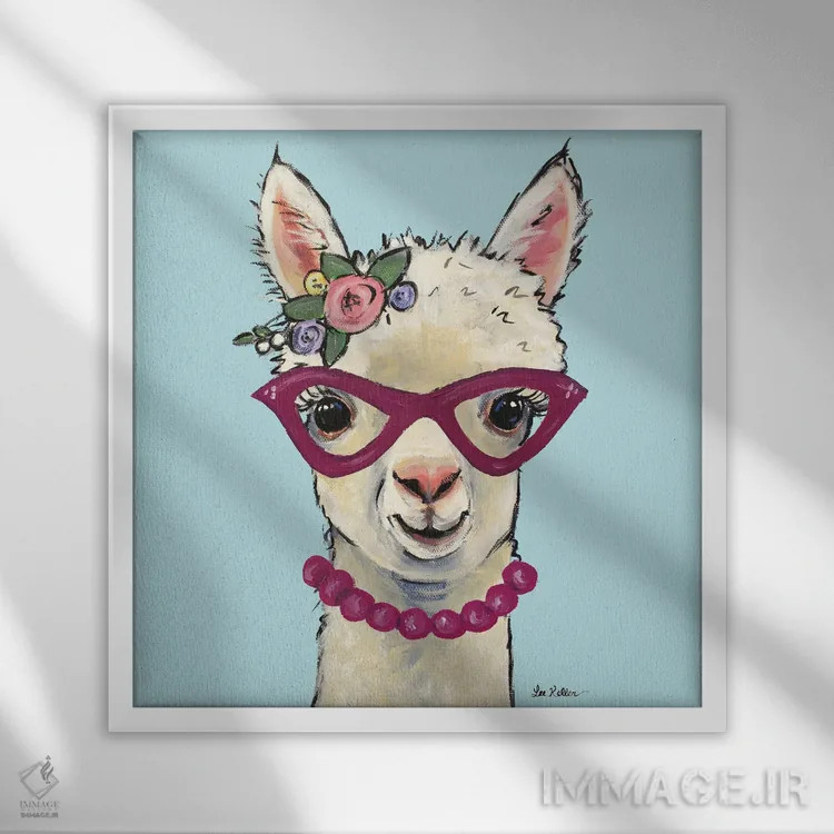 تابلو آلپاکا با عینک صورتی، نقاشی آلپاکا بامزه "سوفیا" اثر هیپی هاوند استودیوز (استودیو هنری) - نمای قابدار سفید