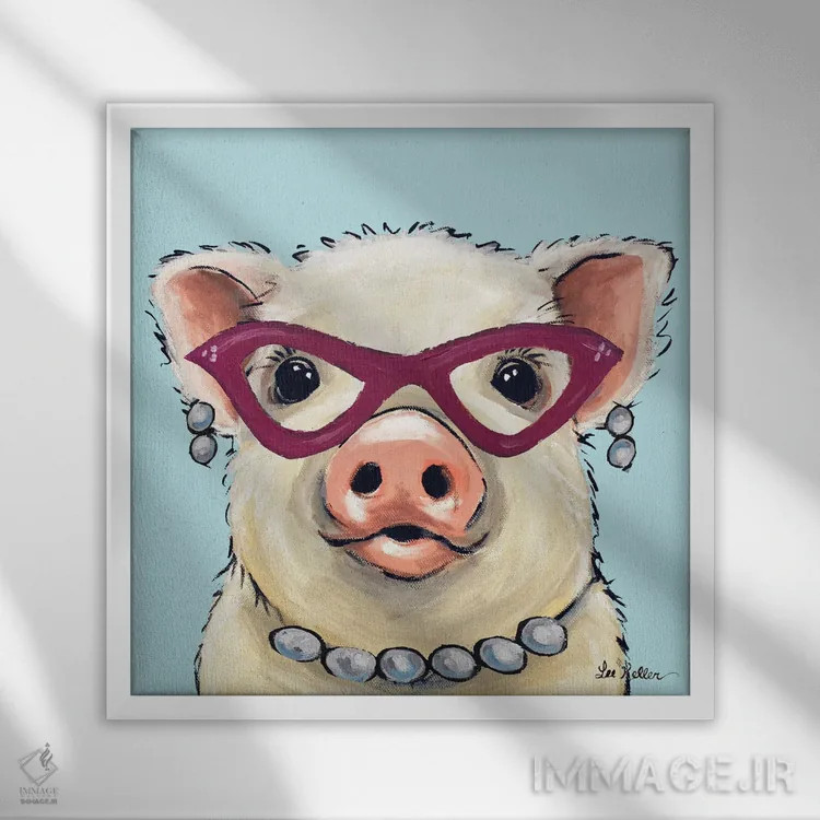 تابلو خوک با عینک صورتی، نقاشی خوک بامزه "پیزلی" اثر هیپی هاوند استودیوز (استودیو هنری) - نمای قابدار سفید