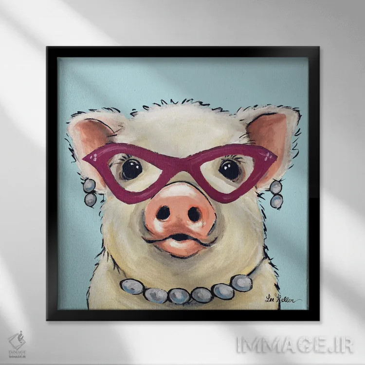 تابلو خوک با عینک صورتی، نقاشی خوک بامزه "پیزلی" اثر هیپی هاوند استودیوز (استودیو هنری) - نمای قابدار مشکی