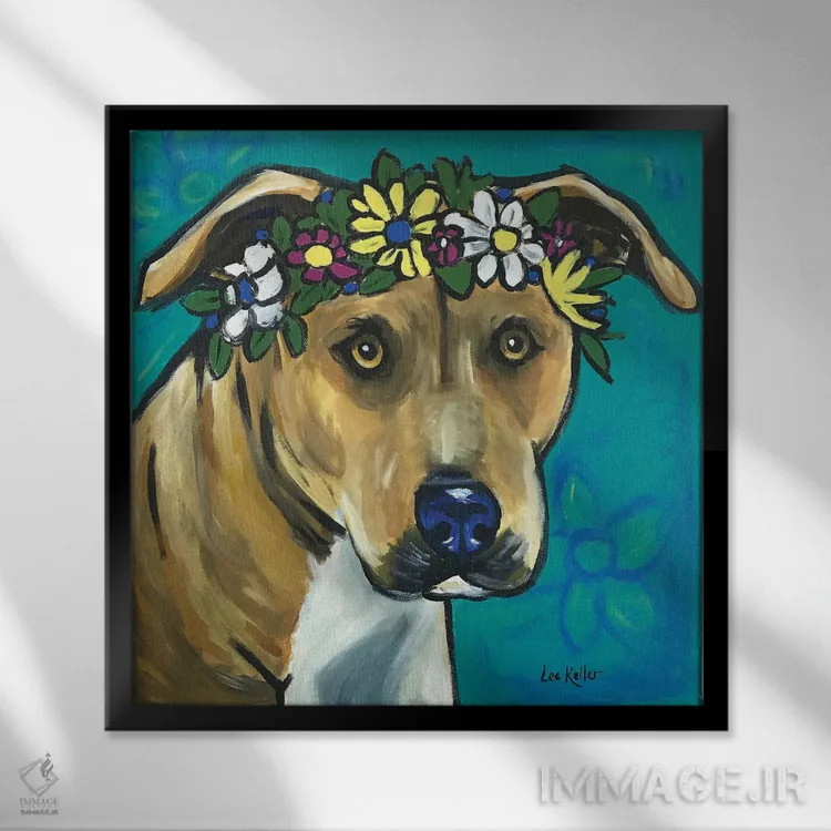 تابلو پیت بول با گلها اثر هیپی هاوند استودیوز (استودیو هنری) - نمای قابدار مشکی