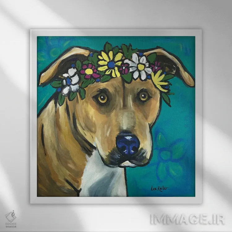 تابلو پیت بول با گلها اثر هیپی هاوند استودیوز (استودیو هنری) - نمای قابدار سفید