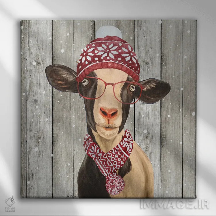 تابلو بز کریسمسی روستایی "لونا"، کریسمس حیوانات اثر هیپی هاوند استودیوز (استودیو هنری) - نمای روبهرو روی دیوار