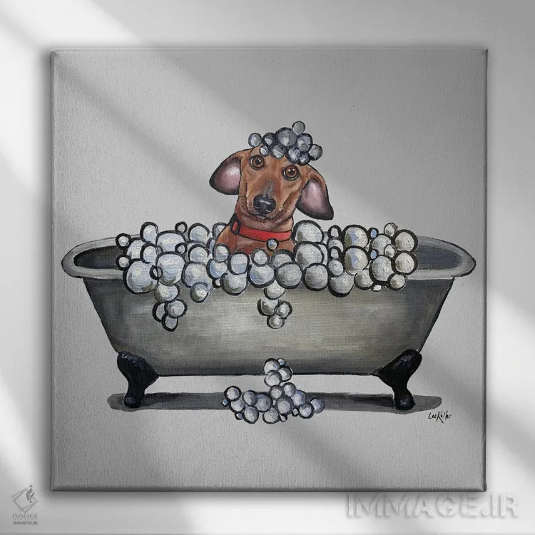 تابلو سری سگها در وان، داشهوند در وان، سوسیسیت را بشوی! اثر هیپی هاوند استودیوز (استودیو هنری) - نمای روبهرو روی دیوار