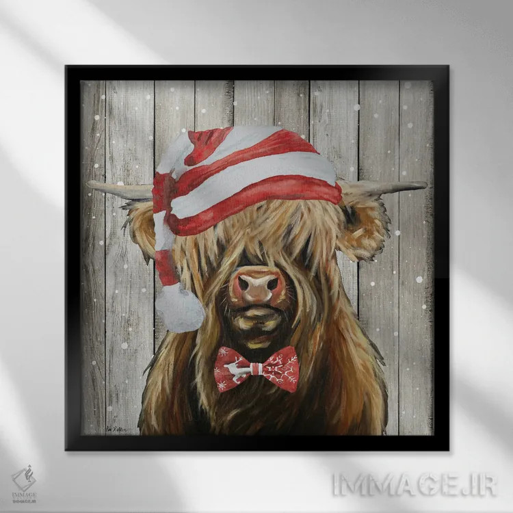 تابلو هایلند کریسمسی روستایی "شیمس"، کریسمس حیوانات اثر هیپی هاوند استودیوز (استودیو هنری) - نمای قابدار مشکی