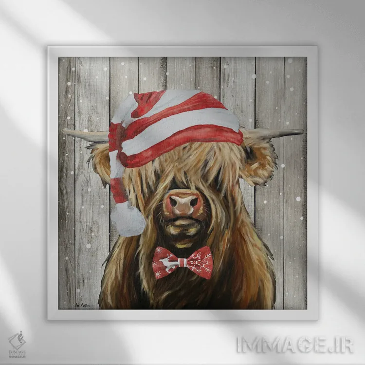 تابلو هایلند کریسمسی روستایی "شیمس"، کریسمس حیوانات اثر هیپی هاوند استودیوز (استودیو هنری) - نمای قابدار سفید