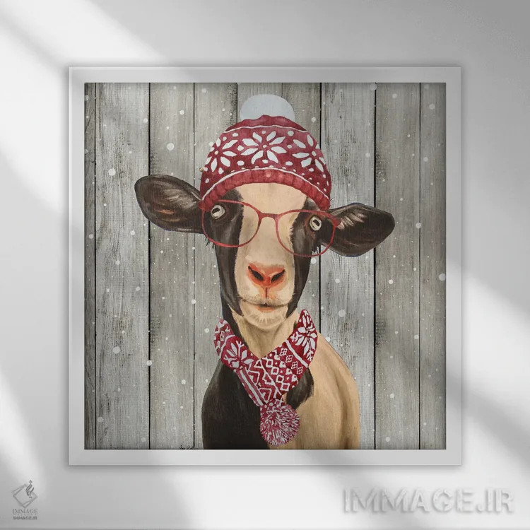 تابلو بز کریسمسی روستایی "لونا"، کریسمس حیوانات اثر هیپی هاوند استودیوز (استودیو هنری) - نمای قابدار سفید