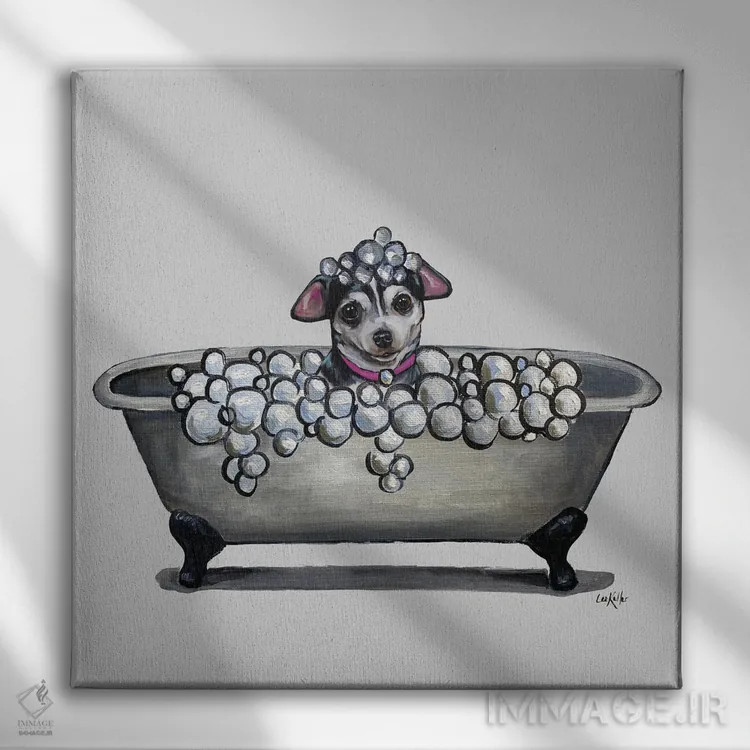 تابلو سری سگها در وان، چیواوا در وان اثر هیپی هاوند استودیوز (استودیو هنری) - نمای روبهرو روی دیوار