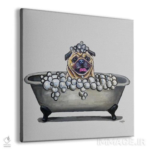 تابلو Pug In Bathtub,سری سگها در وان، پاگ در وان حمام اثر هیپی هاوند استودیوز (استودیو هنری) - نمای پرسپکتیو محصول