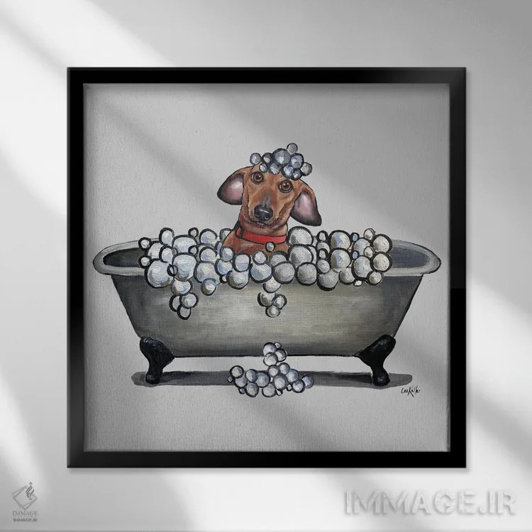 تابلو سری سگها در وان، داشهوند در وان، سوسیسیت را بشوی! اثر هیپی هاوند استودیوز (استودیو هنری) - نمای قابدار مشکی