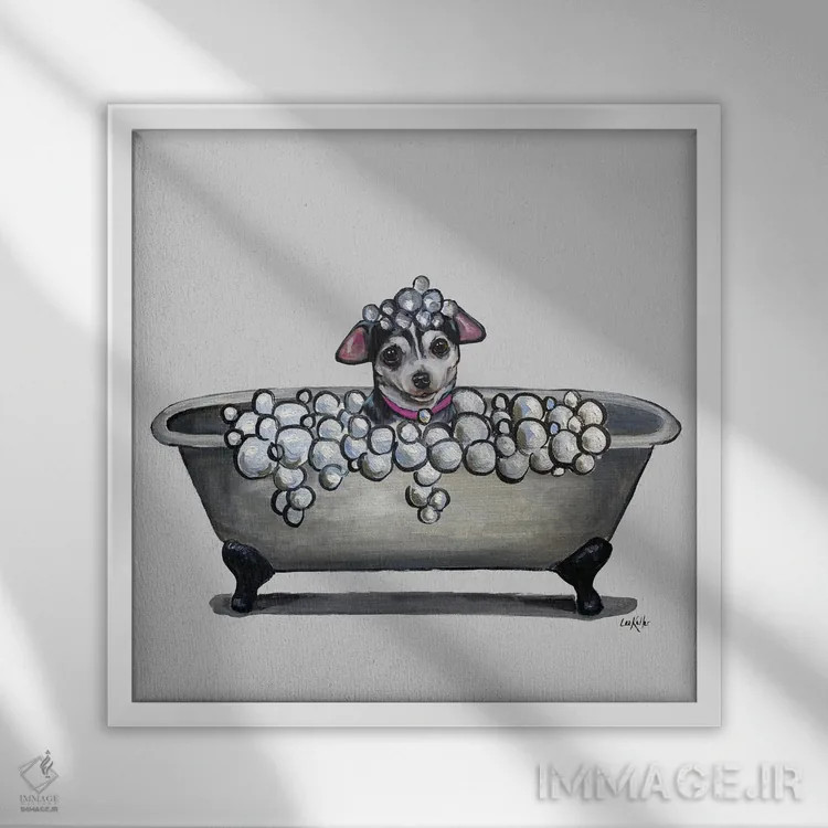 تابلو سری سگها در وان، چیواوا در وان اثر هیپی هاوند استودیوز (استودیو هنری) - نمای قابدار سفید