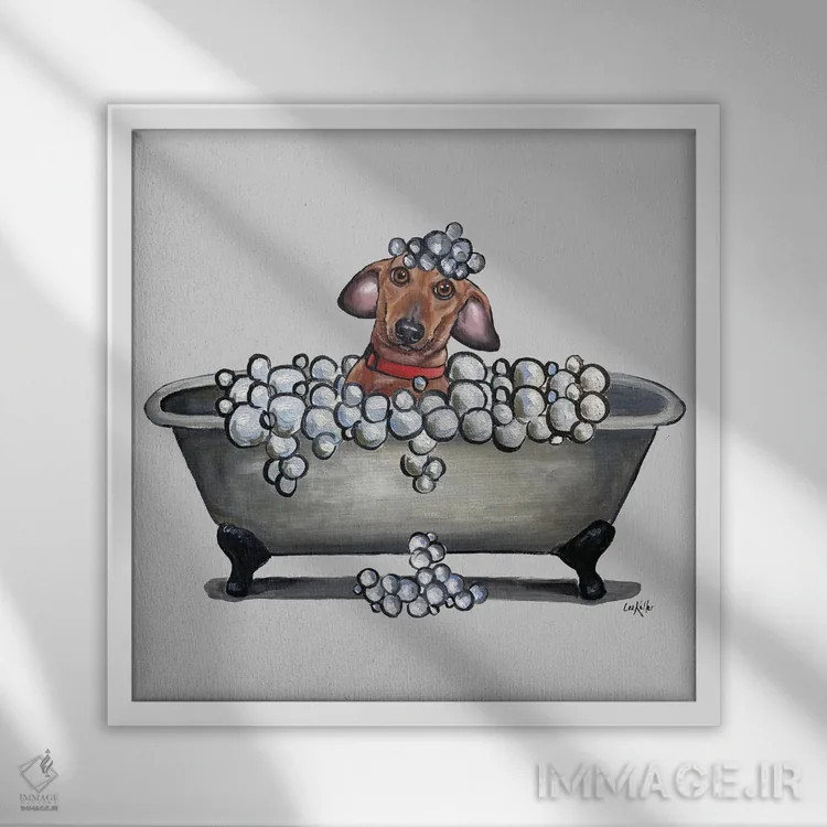 تابلو سری سگها در وان، داشهوند در وان، سوسیسیت را بشوی! اثر هیپی هاوند استودیوز (استودیو هنری) - نمای قابدار سفید