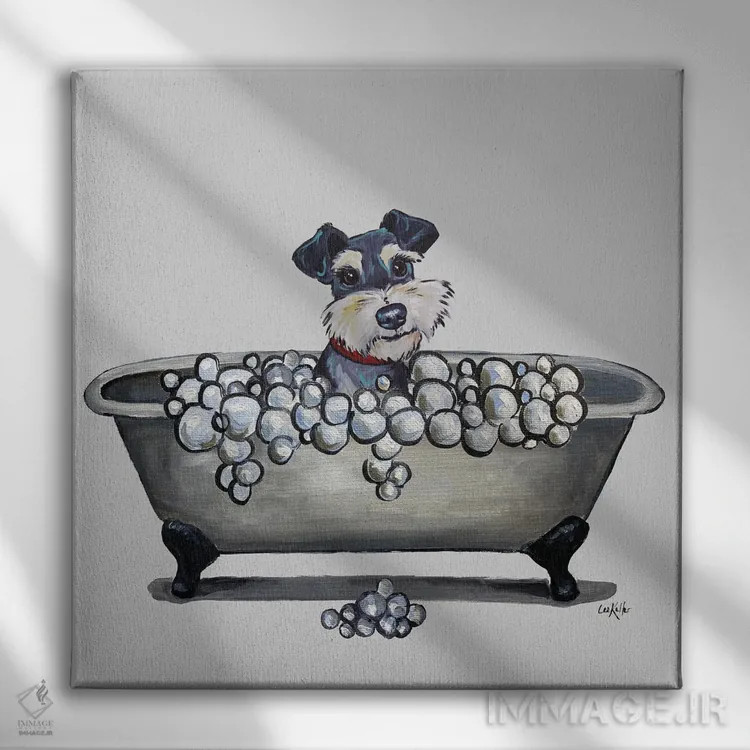 تابلو Schnauzer In Bathtub,سری سگها در وان، شنوزر در وان حمام اثر هیپی هاوند استودیوز (استودیو هنری) - نمای روبهرو روی دیوار
