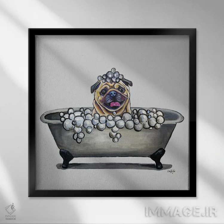 تابلو Pug In Bathtub,سری سگها در وان، پاگ در وان حمام اثر هیپی هاوند استودیوز (استودیو هنری) - نمای قابدار مشکی