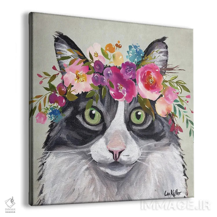 تابلو گربه با تاج گل اثر هیپی هاوند استودیوز (استودیو هنری) - نمای پرسپکتیو محصول
