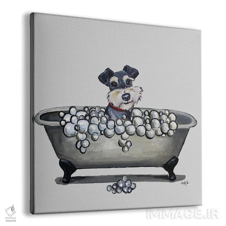 تابلو Schnauzer In Bathtub,سری سگها در وان، شنوزر در وان حمام اثر هیپی هاوند استودیوز (استودیو هنری) - نمای پرسپکتیو محصول