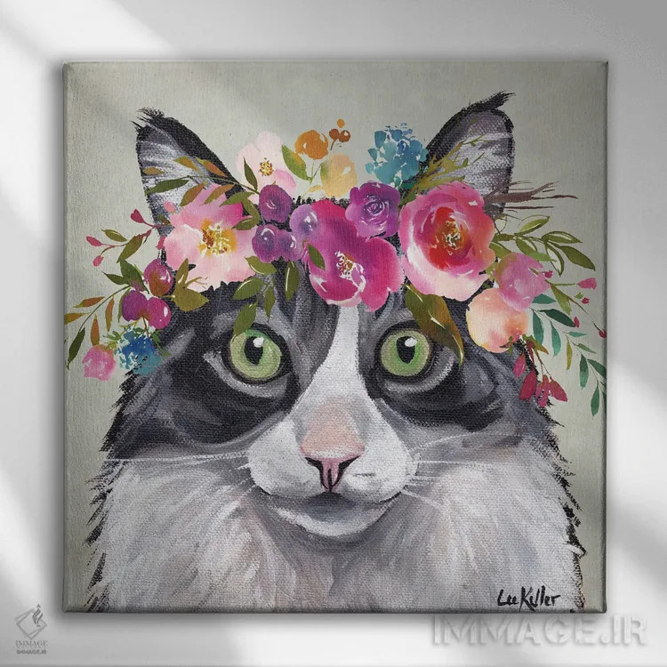 تابلو گربه با تاج گل اثر هیپی هاوند استودیوز (استودیو هنری) - نمای روبهرو روی دیوار