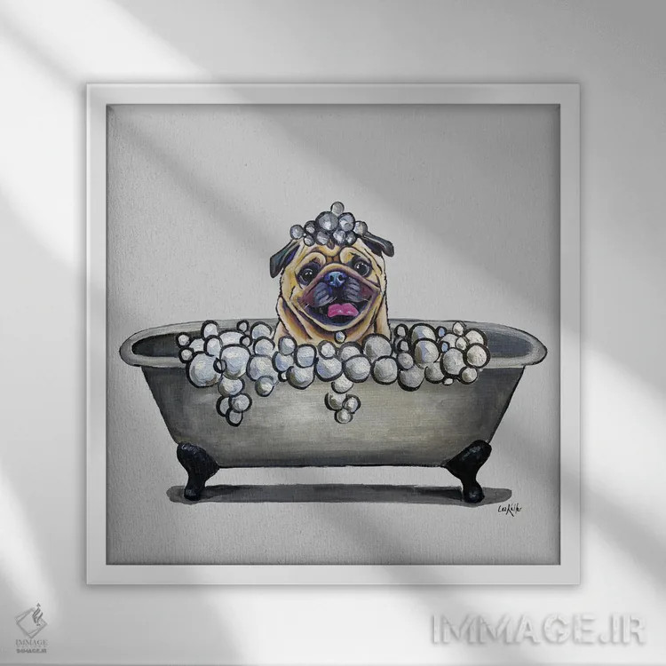تابلو Pug In Bathtub,سری سگها در وان، پاگ در وان حمام اثر هیپی هاوند استودیوز (استودیو هنری) - نمای قابدار سفید