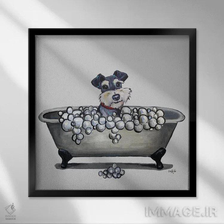 تابلو Schnauzer In Bathtub,سری سگها در وان، شنوزر در وان حمام اثر هیپی هاوند استودیوز (استودیو هنری) - نمای قابدار مشکی