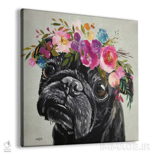 تابلو Black Pug With Flowers,پاگ با تاج گل، پاگ سیاه با گلها اثر هیپی هاوند استودیوز (استودیو هنری) - نمای پرسپکتیو محصول