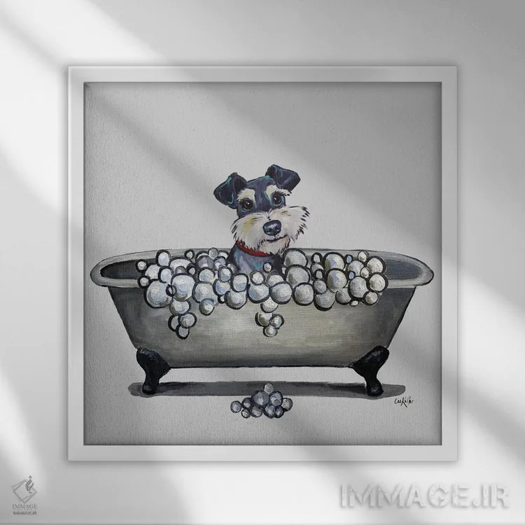 تابلو Schnauzer In Bathtub,سری سگها در وان، شنوزر در وان حمام اثر هیپی هاوند استودیوز (استودیو هنری) - نمای قابدار سفید