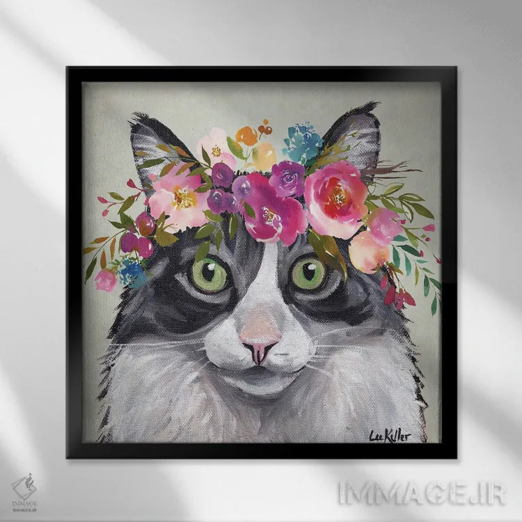 تابلو گربه با تاج گل اثر هیپی هاوند استودیوز (استودیو هنری) - نمای قابدار مشکی